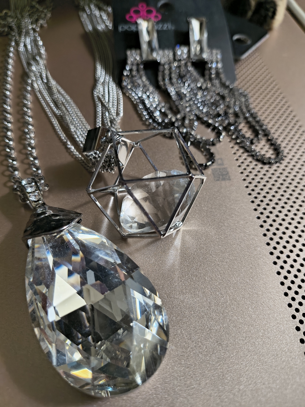 Crystal Teardrop & Geometric Glass Pendant Necklace - Silver Tone